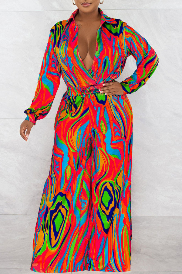 Red Sexy Print Patchwork Turndown Collar Straight Jumpsuits