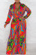 Red Sexy Print Patchwork Turndown Collar Straight Jumpsuits