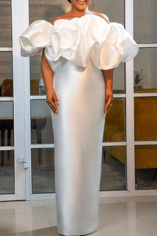 White Elegant Solid Patchwork Off the Shoulder Evening Dress Dresses