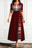 Deep Blue Casual Plaid Print Patchwork O Neck A Line Dresses