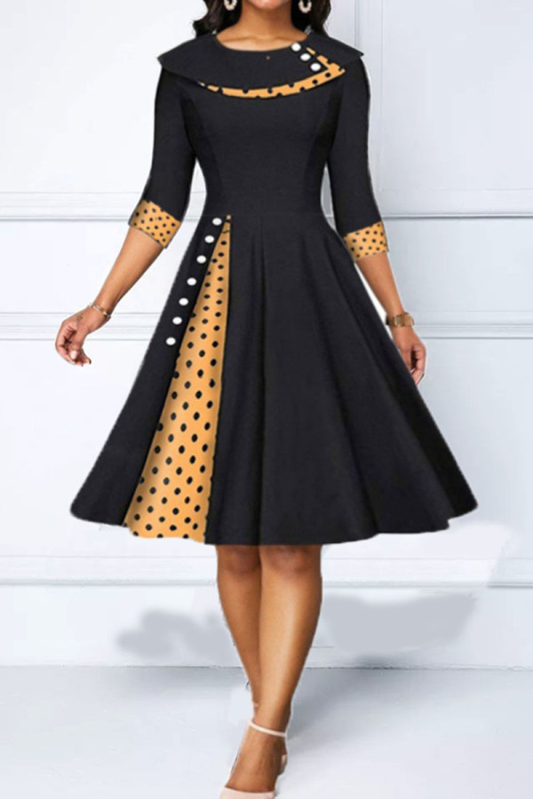 Black Casual Print Polka Dot Patchwork O Neck A Line Dresses