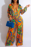 Red Sexy Print Patchwork Turndown Collar Straight Jumpsuits