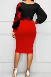Red Casual Print Patchwork With Bow V Neck One Step Skirt Dresses
