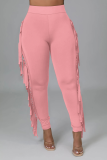 Red Sexy Solid Tassel Skinny High Waist Pencil Solid Color Bottoms