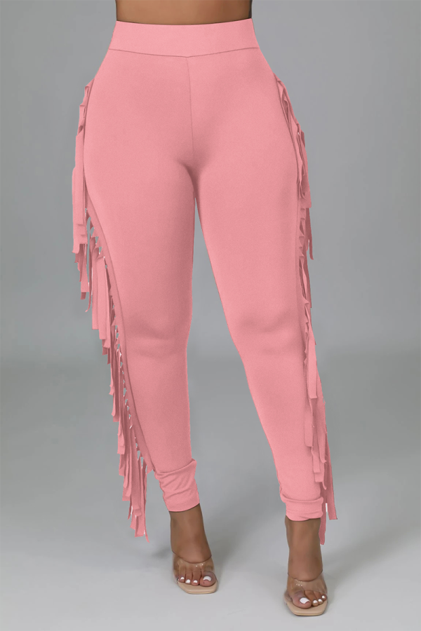 Rose Red Sexy Solid Tassel Skinny High Waist Pencil Solid Color Bottoms