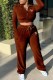 Coffee Casual Print Letter Turndown Collar Long Sleeve Two Pieces
