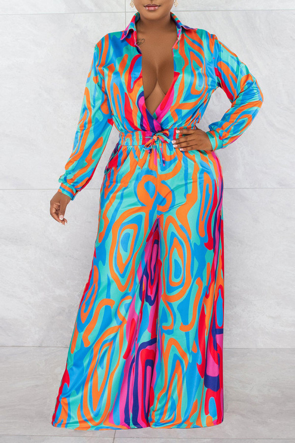 Blue Sexy Print Patchwork Turndown Collar Straight Jumpsuits