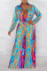 Blue Sexy Print Patchwork Turndown Collar Straight Jumpsuits