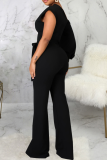 Red Casual Solid Patchwork One Shoulder Boot Cut Jumpsuits