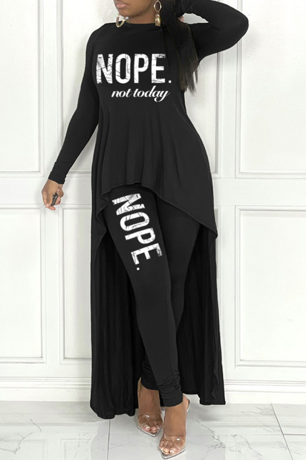 Black Casual Print Patchwork O Neck Long Sleeve Two Pieces