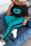 Blue Fashion Casual Lips Printed Basic Oblique Collar Three Quarter Regular Sleeve Regular Two Pieces