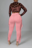 Red Sexy Solid Tassel Skinny High Waist Pencil Solid Color Bottoms