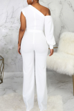 Red Casual Solid Patchwork One Shoulder Boot Cut Jumpsuits