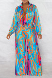 Red Sexy Print Patchwork Turndown Collar Straight Jumpsuits
