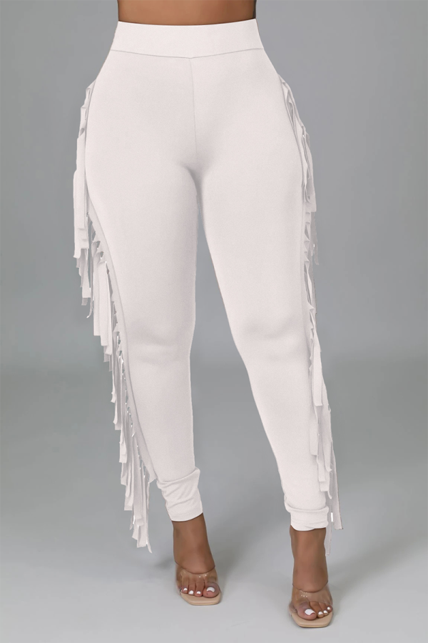 White Sexy Solid Tassel Skinny High Waist Pencil Solid Color Bottoms