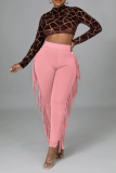 Red Sexy Solid Tassel Skinny High Waist Pencil Solid Color Bottoms
