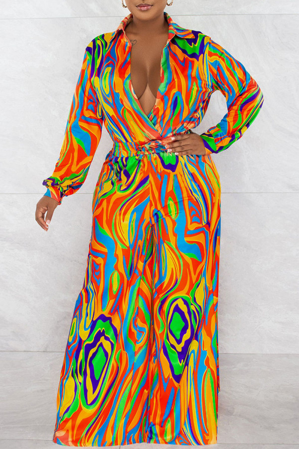 Tangerine Red Sexy Print Patchwork Turndown Collar Straight Jumpsuits