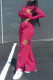Rose Red Casual Letter Print Hollowed Out O Neck Long Sleeve Two Pieces
