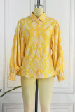 Yellow Casual Print Patchwork Buckle Turndown Collar Tops