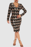 Black Sexy Sequins Patchwork V Neck One Step Skirt Dresses