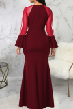 Burgundy Party Solid Mesh O Neck Trumpet Mermaid Dresses