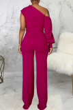 Red Casual Solid Patchwork One Shoulder Boot Cut Jumpsuits