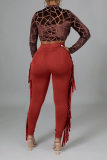 Red Sexy Solid Tassel Skinny High Waist Pencil Solid Color Bottoms