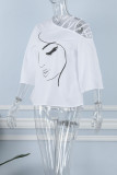 White Casual Print Hollowed Out Patchwork Oblique Collar T-Shirts