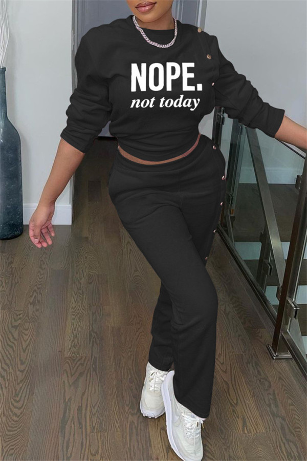 Black Casual Letter Print Patchwork O Neck Long Sleeve Two Pieces
