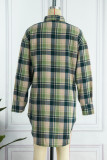 Green Casual Plaid Print Patchwork Buckle Turndown Collar Shirt Dress Dresses