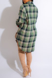 Green Casual Plaid Print Patchwork Buckle Turndown Collar Shirt Dress Dresses
