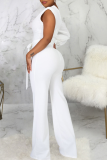 Red Casual Solid Patchwork One Shoulder Boot Cut Jumpsuits