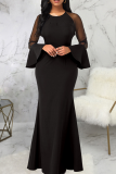 Black Party Solid Mesh O Neck Trumpet Mermaid Dresses