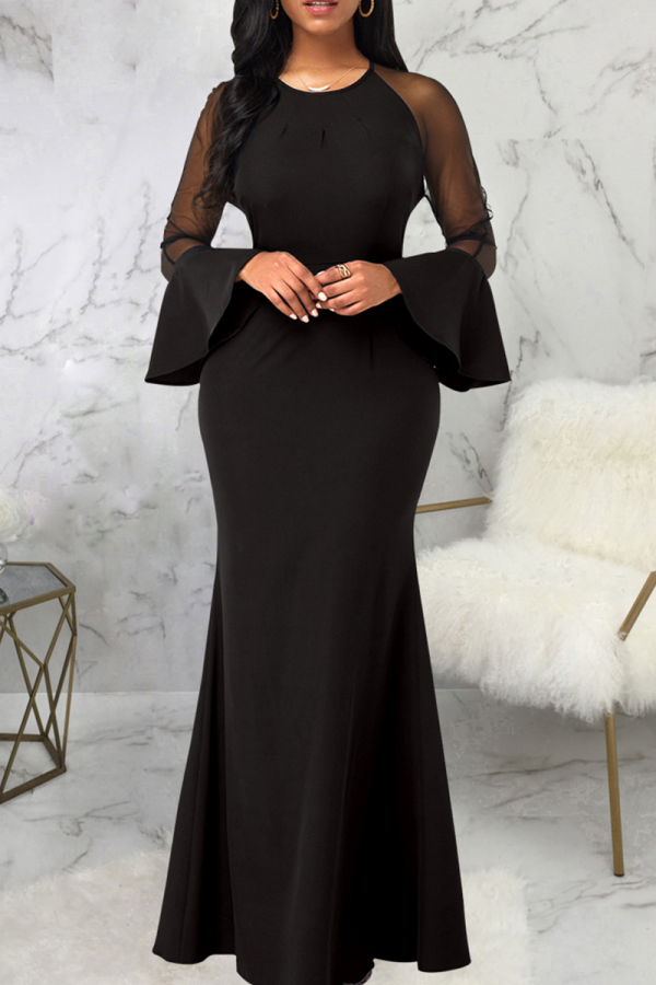 Black Party Solid Mesh O Neck Trumpet Mermaid Dresses