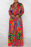 Red Sexy Print Patchwork Turndown Collar Straight Jumpsuits