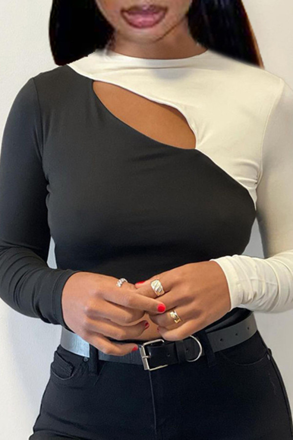 Black Sexy Casual Solid Hollowed Out Patchwork O Neck Tops