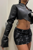 Black Sexy Solid Patchwork Cardigan Collar Tops
