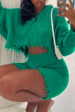 Green Casual Solid Tassel Patchwork Hooded Collar Tops