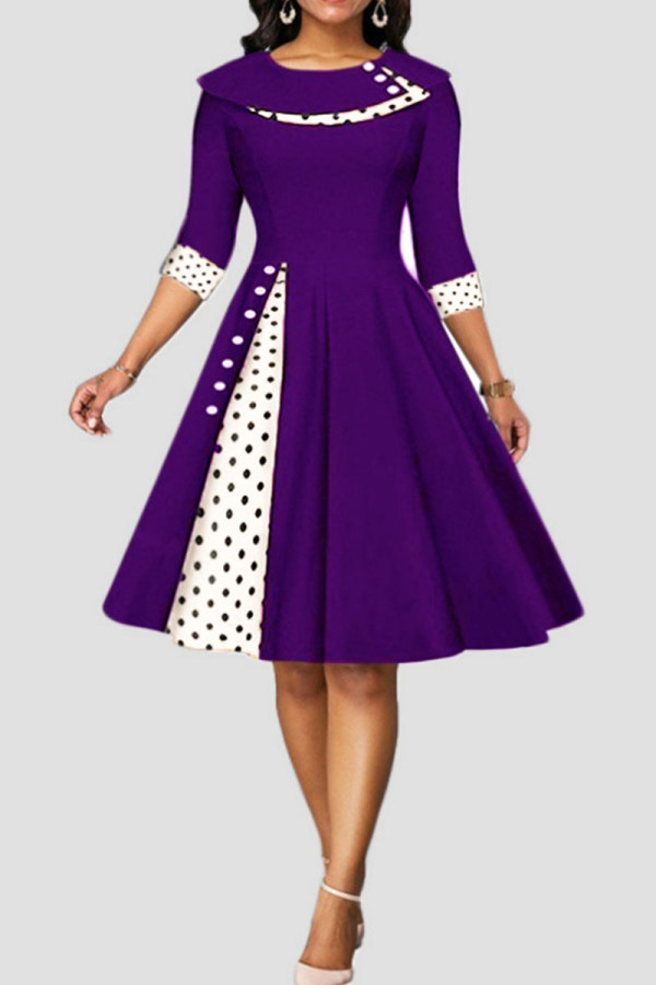 Purple Casual Print Polka Dot Patchwork O Neck A Line Dresses