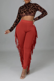 Red Sexy Solid Tassel Skinny High Waist Pencil Solid Color Bottoms