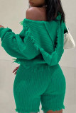 Green Casual Solid Tassel Patchwork Hooded Collar Tops