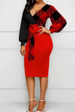 Red Casual Print Patchwork With Bow V Neck One Step Skirt Dresses