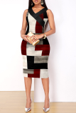 Black Red Street Print Patchwork V Neck Pencil Skirt Dresses