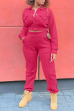 Rose Red Casual Solid Patchwork Buckle Turndown Collar Long Sleeve Two Pieces