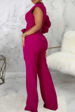 Red Casual Solid Patchwork One Shoulder Boot Cut Jumpsuits