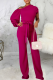 Rose Red Casual Solid Patchwork One Shoulder Boot Cut Jumpsuits