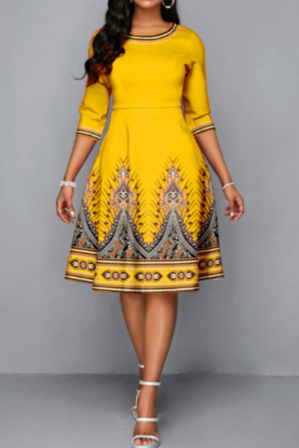 Yellow Casual Print Patchwork O Neck A Line Dresses
