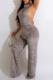 Grey Sexy Solid Patchwork Backless Turtleneck Straight Jumpsuits