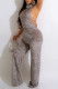 Grey Sexy Solid Patchwork Backless Turtleneck Straight Jumpsuits