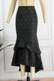 Black Elegant Solid Patchwork Asymmetrical High Waist Patchwork Bottoms